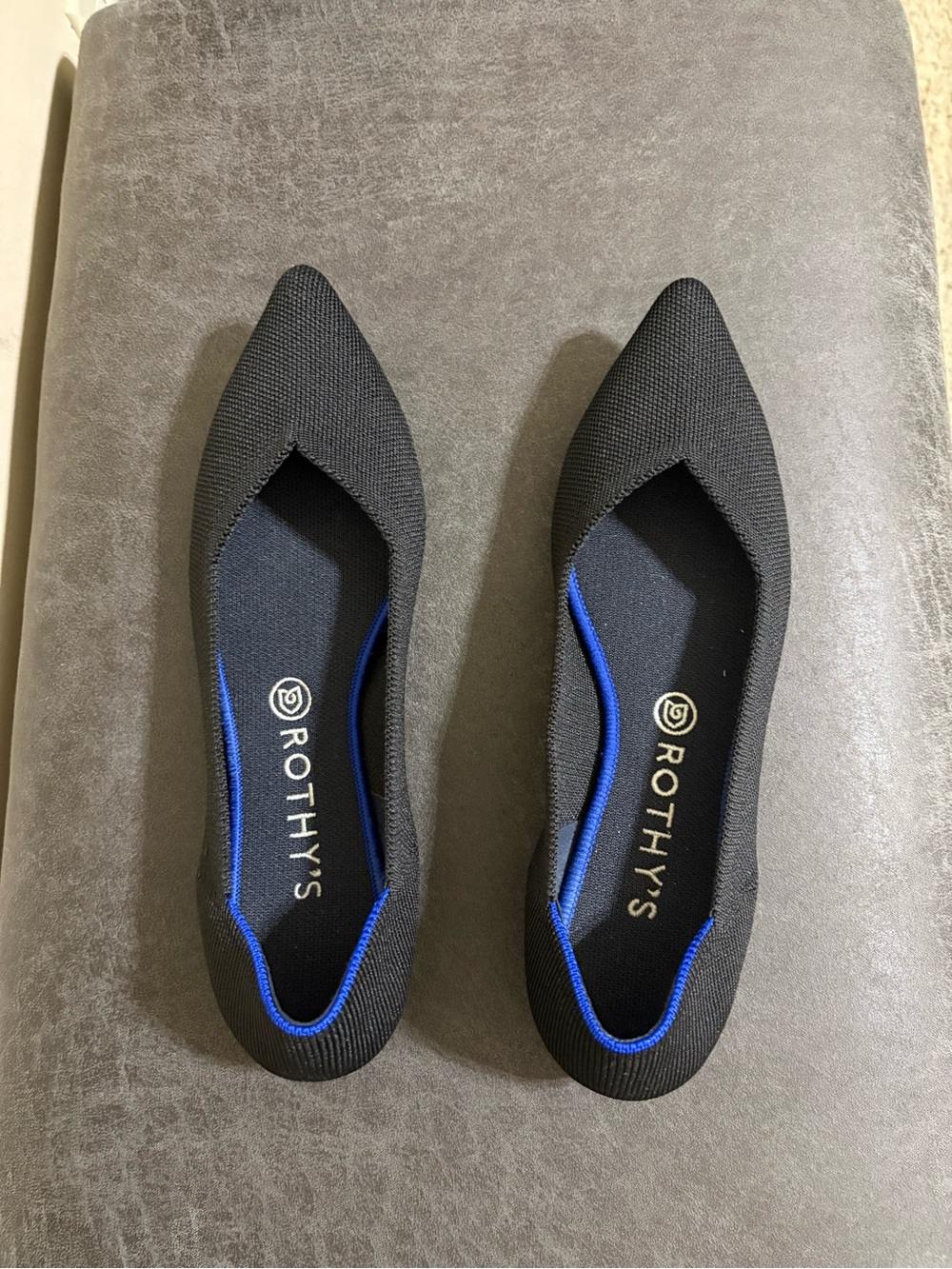 Rothy's Black Pointed Toe Flats with Blue Trim